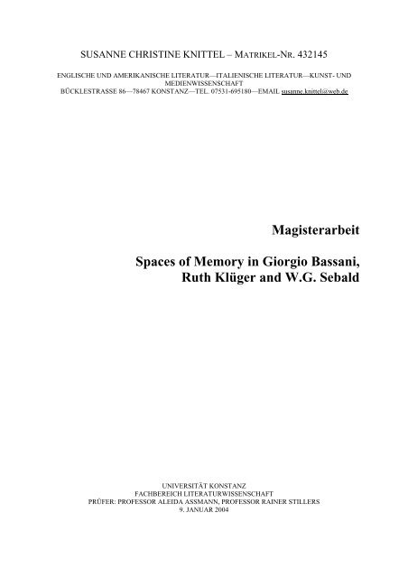 Magisterarbeit Spaces of Memory in Giorgio Bassani, Ruth Klüger ...