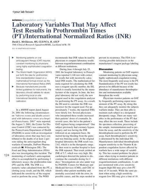 Laboratory Variables That May Affect Test Results in Prothrombin ...