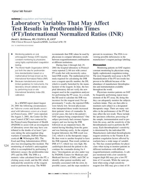 Laboratory Variables That May Affect Test Results In Prothrombin