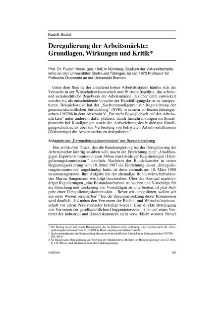 Deregulierung der Arbeitsmärkte: Grundlagen, Wirkungen und Kritik*