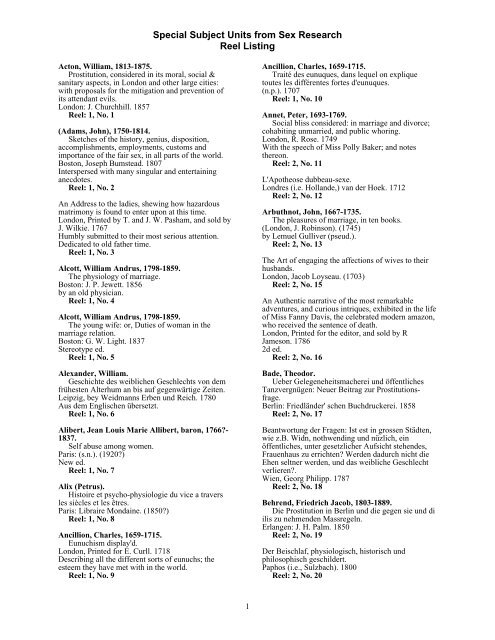 Special Subject Units From Sex Research Reel Listing Special Subject Units From Sex Research Reel Listing