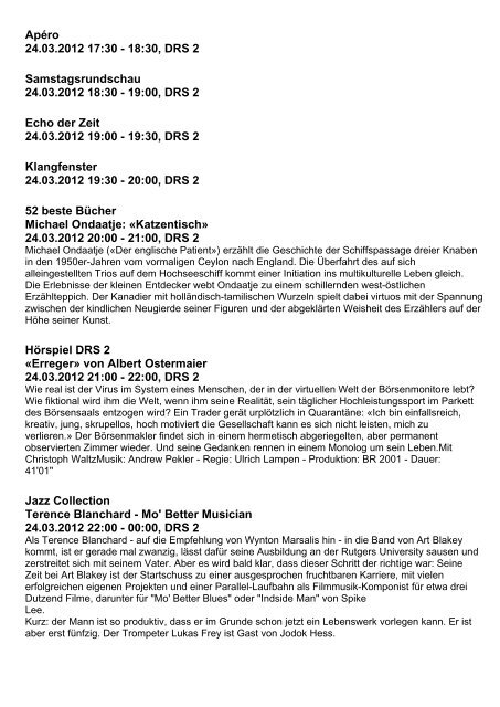 Programmhinweise DRS 2, 19.03.2012 - Schweizer Radio und ...