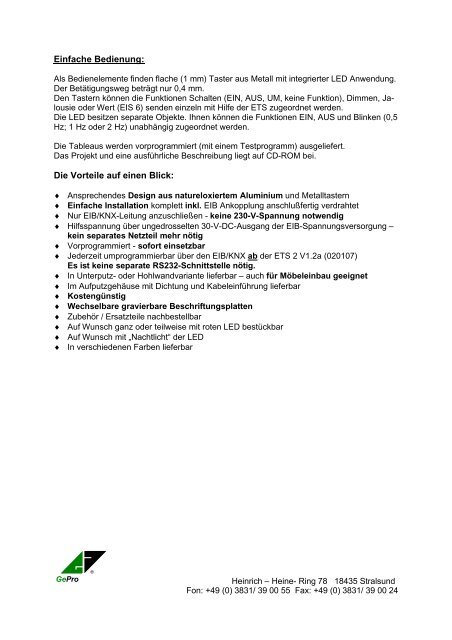 EIB/KNX– Tableaus¹ mit 16 / 32 Tastern / LED von