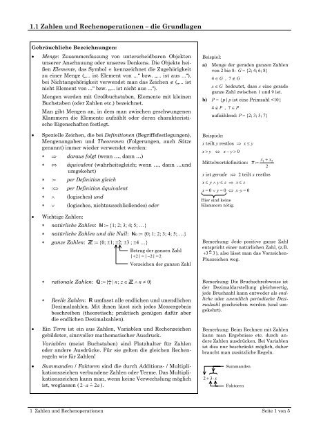 1.1 Zahlen und Rechenoperationen – die Grundlagen - oeppi