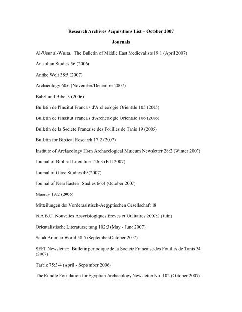 Research Archives Acquisitions List – October 2007 Journals Al ...