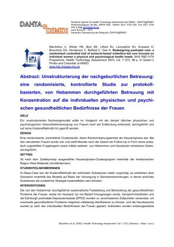 Abstract: Umstrukturierung der nachgeburtlichen Betreuung ... - DIMDI