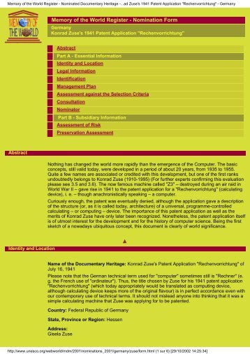Konrad Zuse's 1941 Patent Application - Unesco