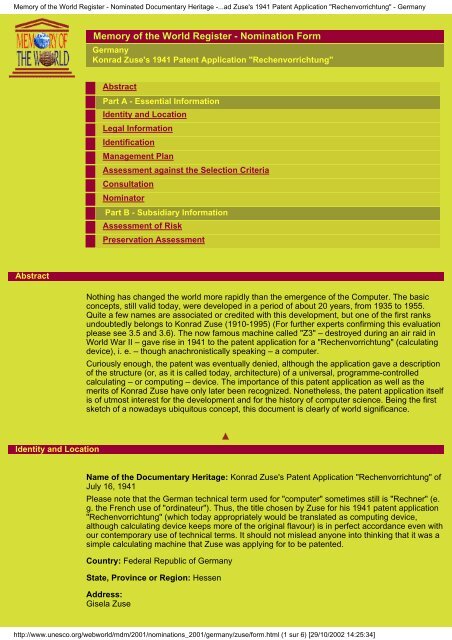 Konrad Zuse's 1941 Patent Application - Unesco