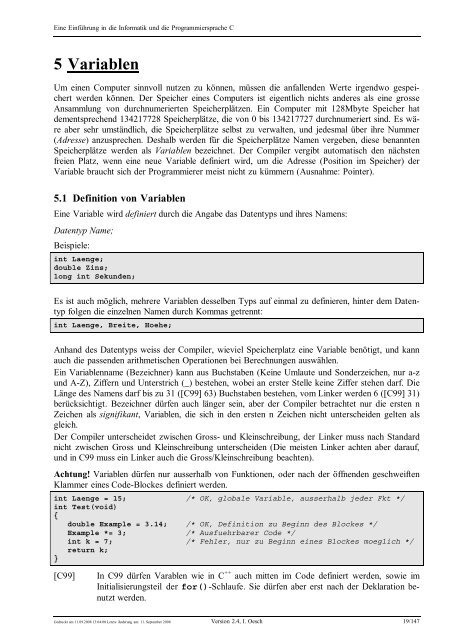 Eine Einführung in die Programmiersprache C und ... - C /C++ Ecke