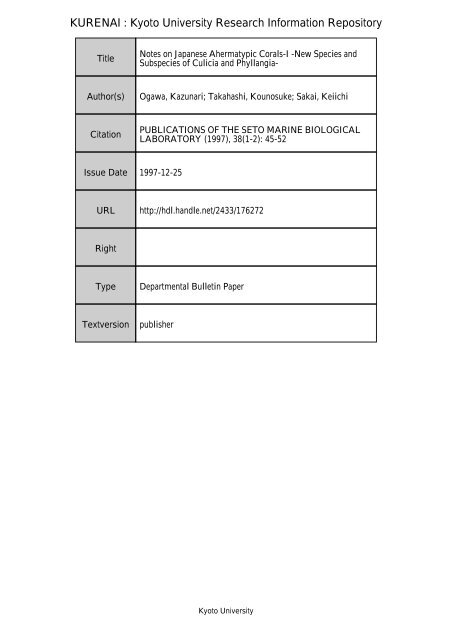 Notes on Japanese Ahermatypic Corals-I-New Species and ...