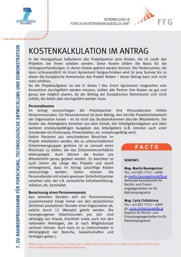 Infoblatt Kostenkalkulation im Antrag - FFG 7. Rahmenprogramm