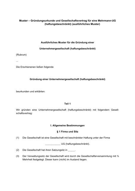 Grundungsurkunde Und Gesellschaftsvertrag Fur Eine Mehrmann Ug