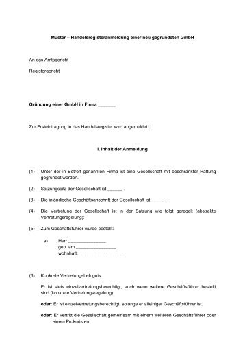 Muster – Handelsregisteranmeldung einer neu gegründeten GmbH ...