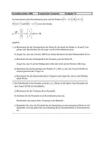 Analytische Geometrie - Abituraufgaben des G9 - G8 geeignet