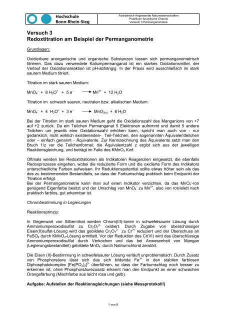 Versuch 3 Redoxtitration am Beispiel der Permanganometrie