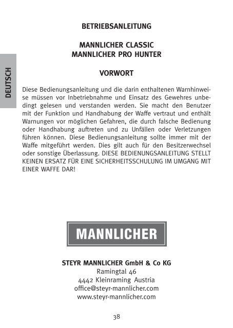 instructions for use betriebsanleitung mannlicher classic mannlicher ...