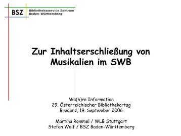 Zur Inhaltserschließung von Musikalien im SWB - SWOP