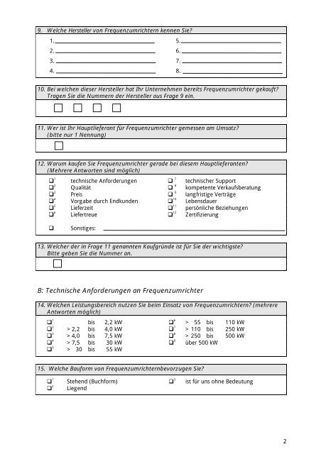 Fragebogen zur Marktanalyse für Frequenzumrichter