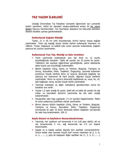 Tez Yazım İlkeleri - Uludağ Üniversitesi Tıp Fakültesi