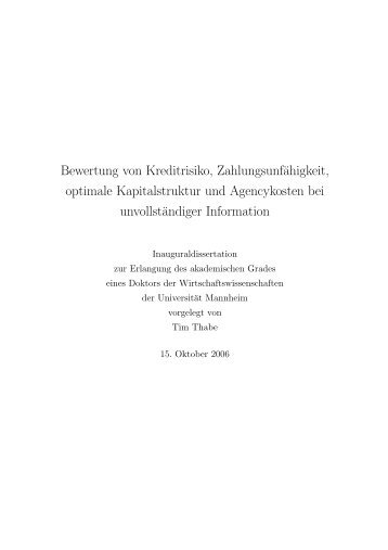 Bewertung von Kreditrisiko, Zahlungsunfähigkeit, optimale ...