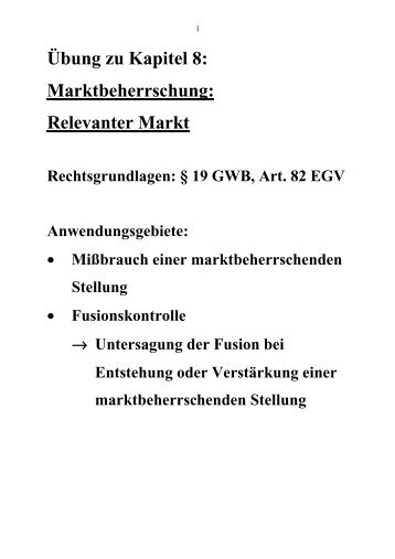 Übung zu Kapitel 8: Marktbeherrschung: Relevanter Markt