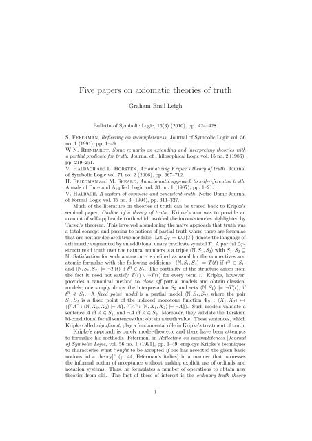 Five papers on axiomatic theories of truth - Personal Pages Index