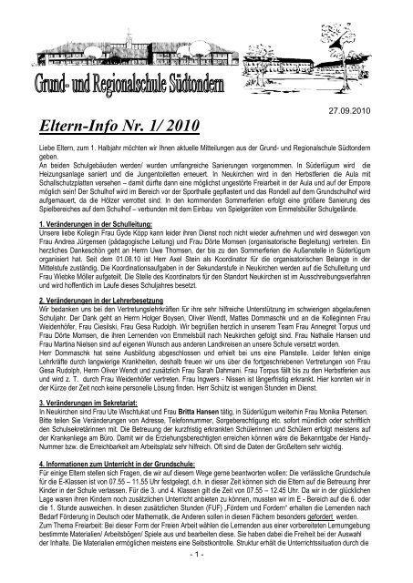 Eltern-Info Nr. 1/ 2010 - Grund- und Regionalschule Südtondern