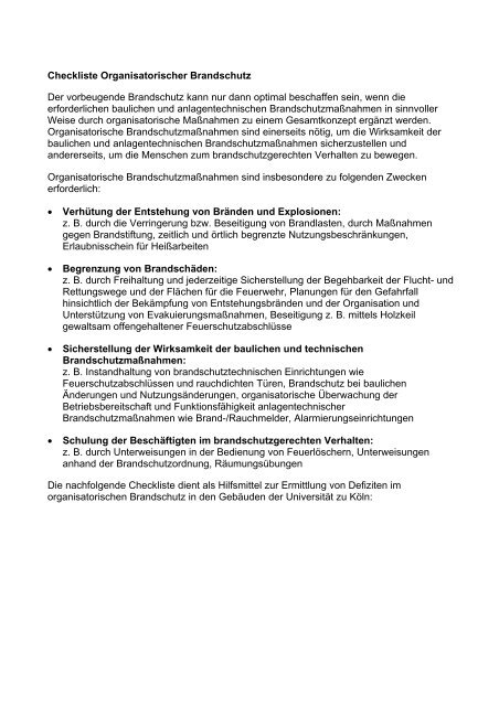 Checkliste Organisatorische Brandschutz - Verwaltung - Universität ...