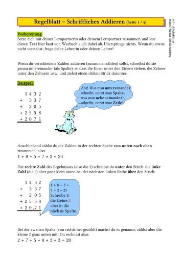 Regelblatt – Schriftliches Addieren (Seite 1 / 4)