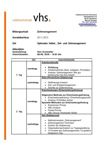 Seminarunterlagen 32-14440 "Zeitmanagement" - VHS Dortmund