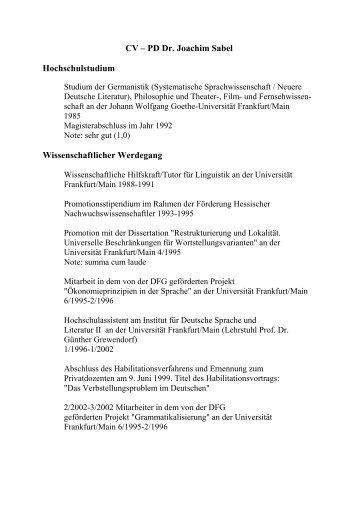 CV – PD Dr. Joachim Sabel Hochschulstudium Wissenschaftlicher ...