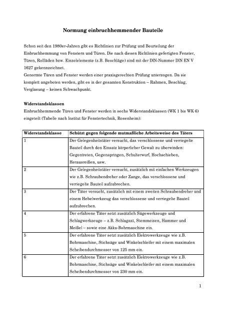 Widerstandsklassen Türen Tabelle