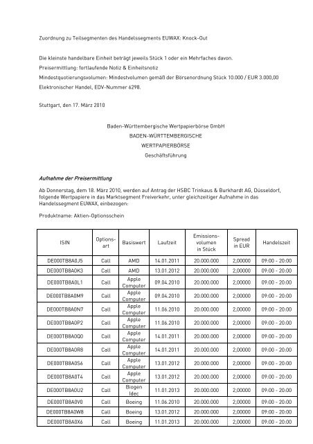 Anlage zum Kursblatt vom 17. März 2010 der Baden ...