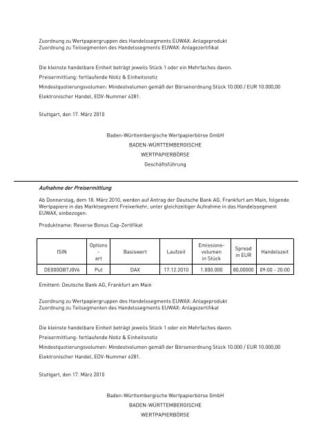 Anlage zum Kursblatt vom 17. März 2010 der Baden ...