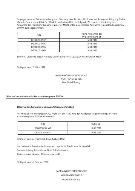 Anlage zum Kursblatt vom 17. März 2010 der Baden ...