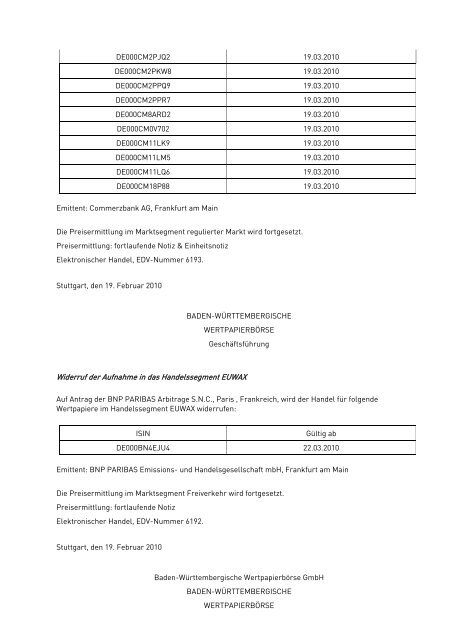 Anlage zum Kursblatt vom 17. März 2010 der Baden ...