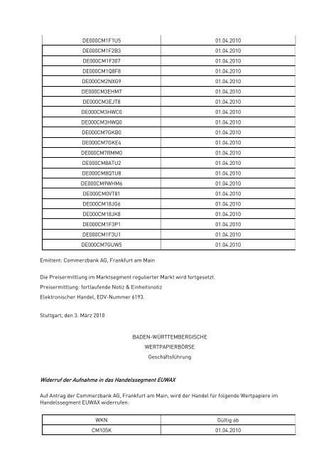 Anlage zum Kursblatt vom 17. März 2010 der Baden ...