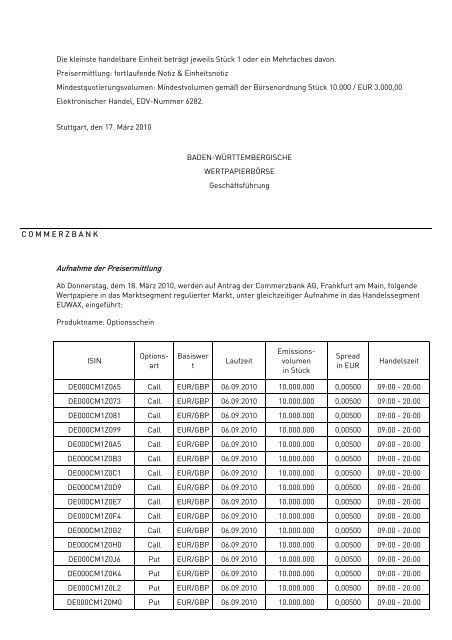 Anlage zum Kursblatt vom 17. März 2010 der Baden ...