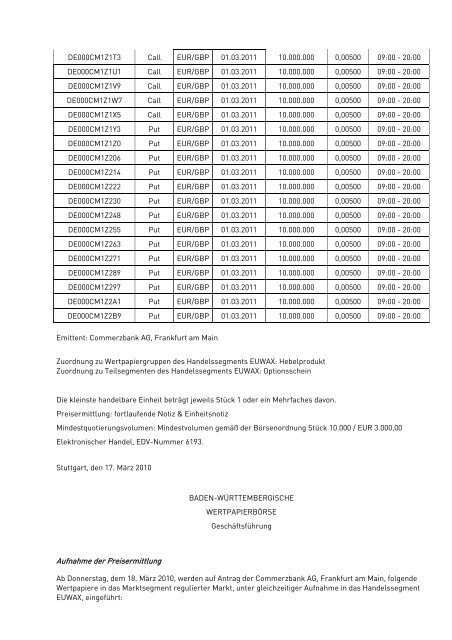 Anlage zum Kursblatt vom 17. März 2010 der Baden ...