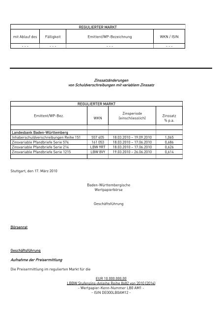 Anlage zum Kursblatt vom 17. März 2010 der Baden ...