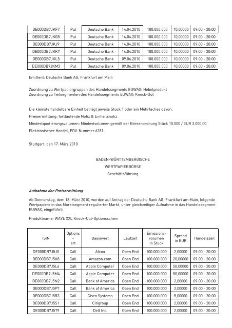 Anlage zum Kursblatt vom 17. März 2010 der Baden ...