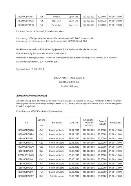 Anlage zum Kursblatt vom 17. März 2010 der Baden ...