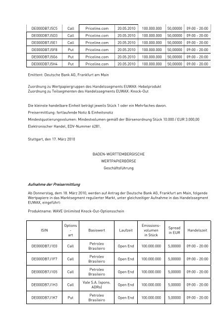 Anlage zum Kursblatt vom 17. März 2010 der Baden ...