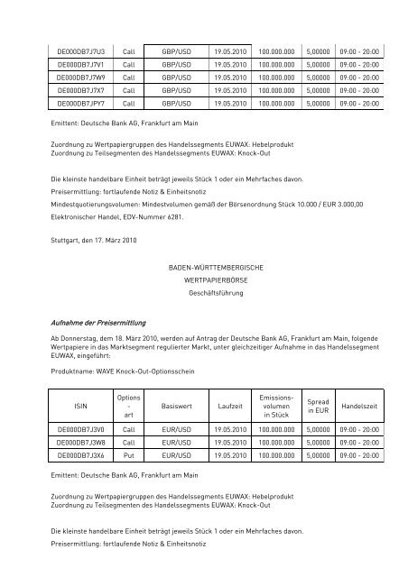 Anlage zum Kursblatt vom 17. März 2010 der Baden ...