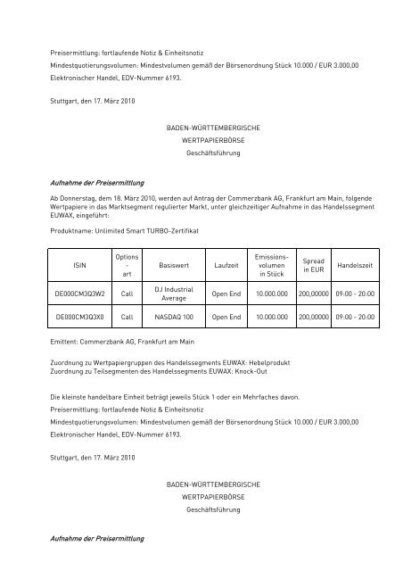 Anlage zum Kursblatt vom 17. März 2010 der Baden ...