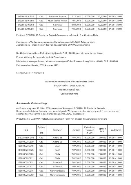 Anlage zum Kursblatt vom 17. März 2010 der Baden ...