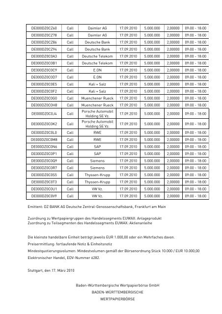 Anlage zum Kursblatt vom 17. März 2010 der Baden ...