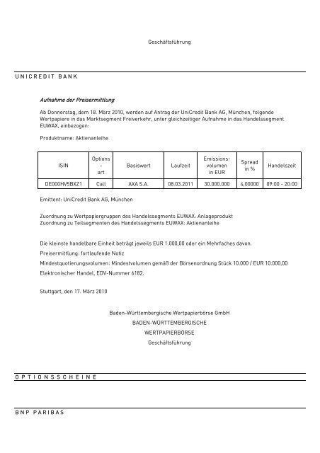 Anlage zum Kursblatt vom 17. März 2010 der Baden ...