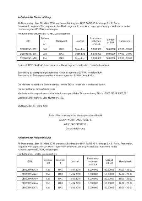 Anlage zum Kursblatt vom 17. März 2010 der Baden ...