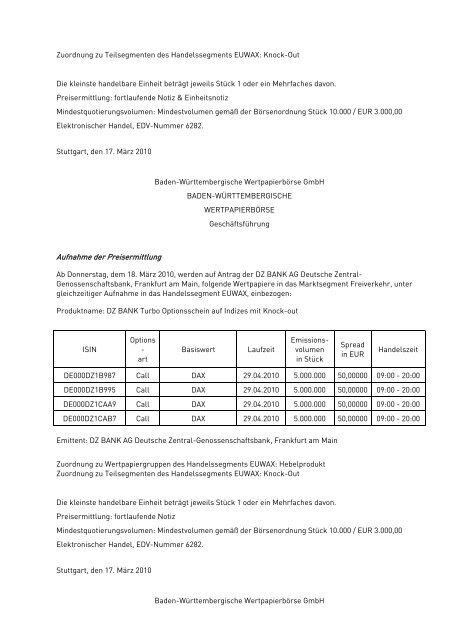 Anlage zum Kursblatt vom 17. März 2010 der Baden ...